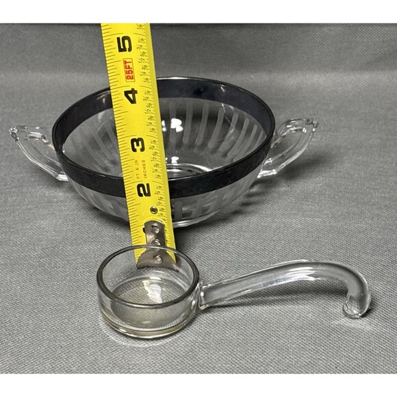 1930s Serving Bowl & Mayonnaise Spoon Silver Rim Art Deco Depression Glass UV - Picture 14 of 15